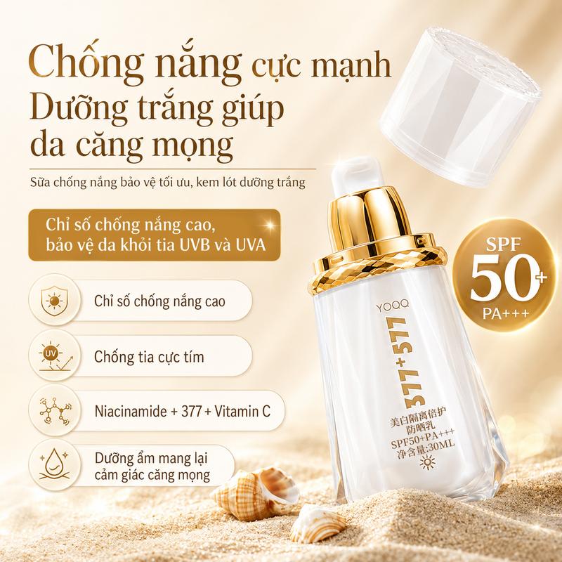 Kem Chống Nắng YOQQ ️ - SPF50+ PA+++ | Kết Cấu Mỏng Nhẹ, Hỗ Trợ Dưỡng Trắng & Che Khuyết Điểm Tự Nhiên | Chứa 377+577, Niacinamide, Vitamin C (30ml)