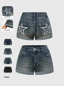 Shorts de mezclilla elásticos con bordado geométrico de estrellas y cintura alta, shorts jeans para mujer estilo urbano, perfectos para uso al aire libre