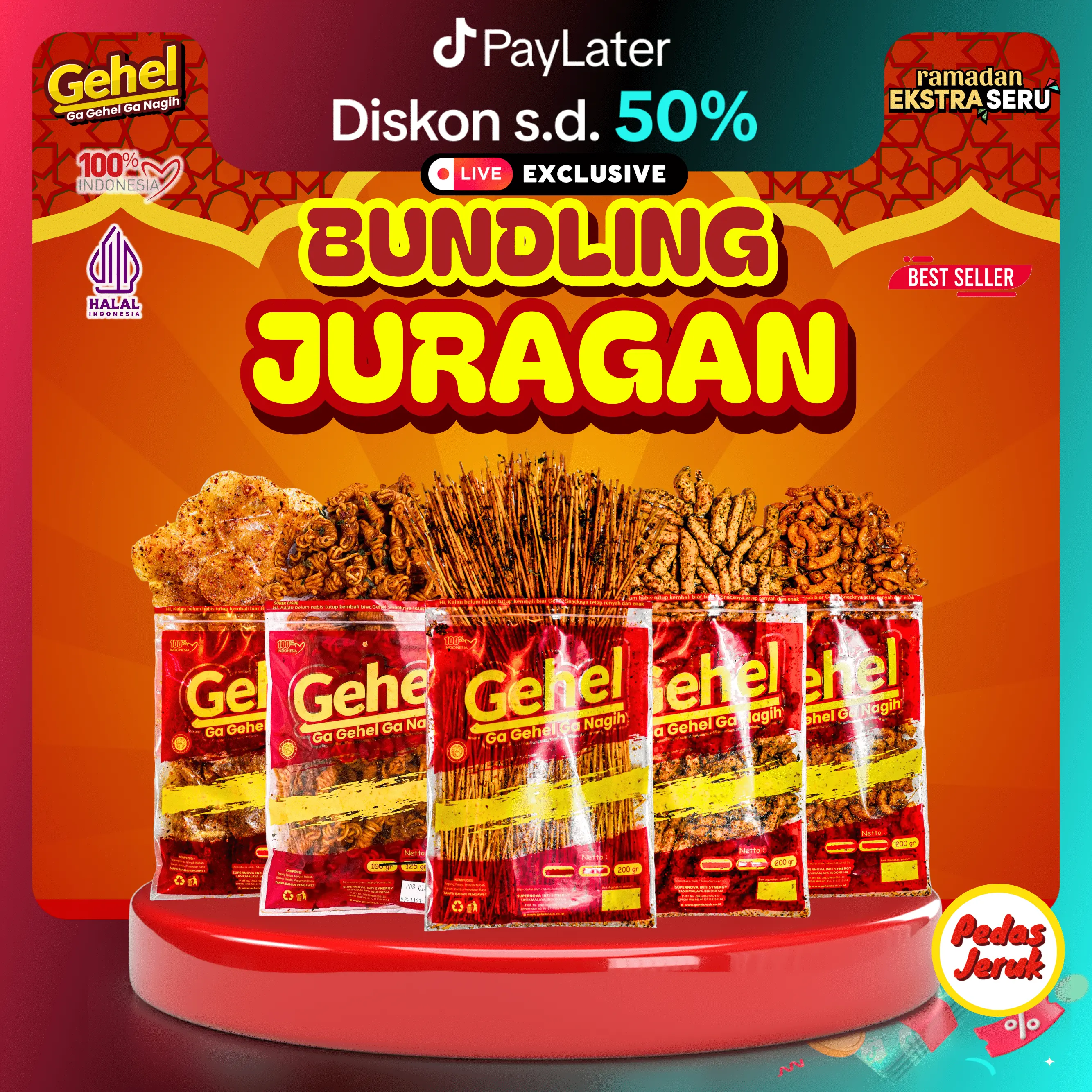 GEHEL PAKET HEMAT BUNDLING JURAGAN (Mie Lidi, Basreng, Mie Gulung, Makaroni, Kripca) Pedas Jeruk - Makanan Ringan Food Noodles Instan