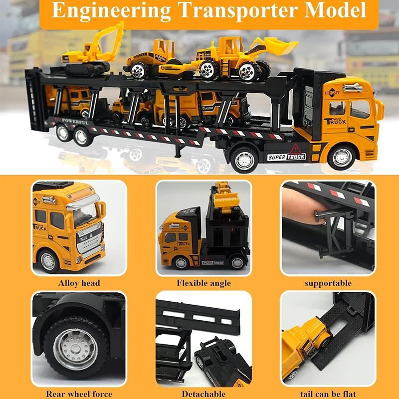 Product Introduction of 6 IN 1 Pull Back Paduan Kendaraan Truk Container Pengangkut diecast metal car trucks Mobil Mainan Mobilan Bulldozer Toys 48