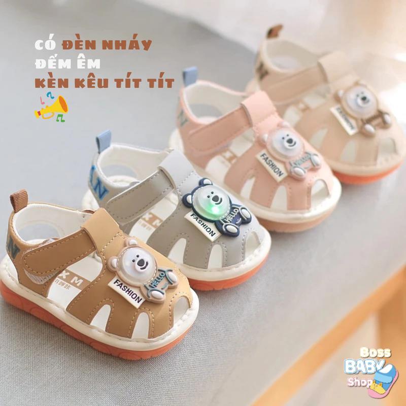 Dép sandal tập đi cho bé 0-2 tuổi có kèn kêu họa tiết gấu phát sáng dế mềm êm chân chống trơn trượt MK77