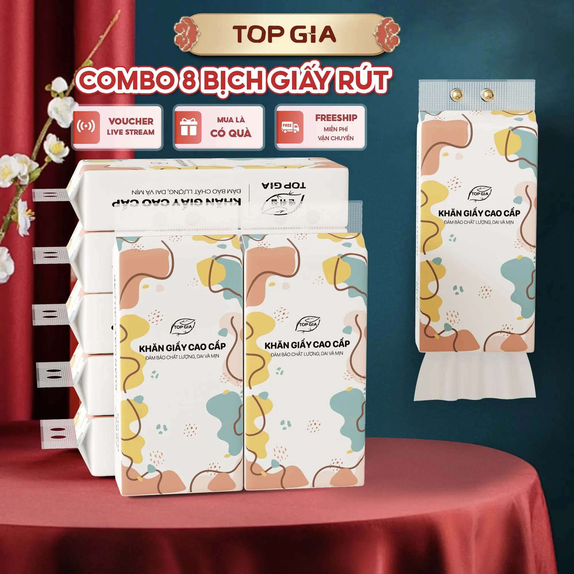 (DEAL TẶNG MÓC TREO) Combo 8 bịch khăn giấy rút đa sắc cao cấp treo tường tiện lợi TopGia, Giấy ăn mềm mịn 4 lớp không bụi mịn