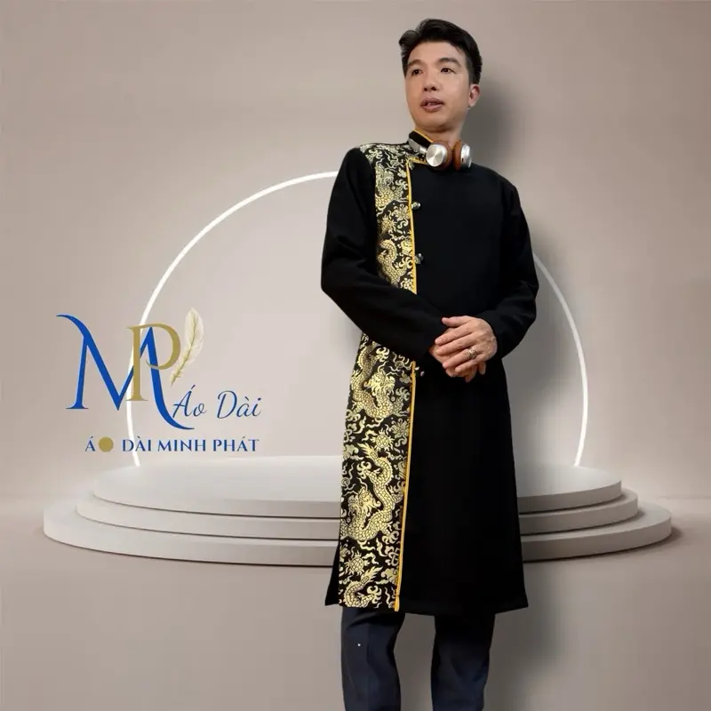 Áo Dài Minh Phát Vải Tuyết Mưa phối Gấm Hoạ Tiết Rồng Vàng  Cách tân cho nam Form Vest sang trọng Với nhiều mầu thích hợp mọi lứa tuổi Menswear 5