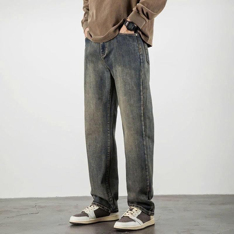 Quần baggy jean nam ống rộng màu xanh retro wash nhạt chất bò dãn nhẹ B067 dáng chuẩn Menswear Pants Có Túi  - TCS Trùm Chuyên Sỉ 