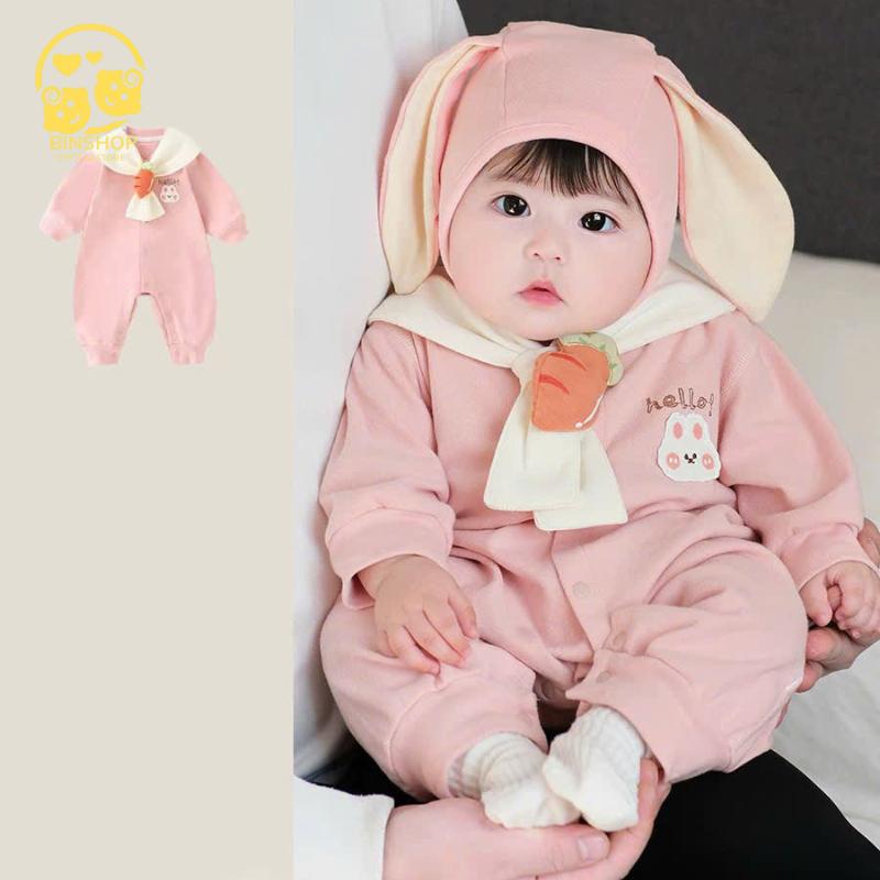 Body dài tay hình Thỏ hồng dễ thương, Bodysuit dài tay cho bé trai bé gái chất cotton mềm mịn, Quần áo sơ sinh thu đông cho bé, Áo liền quần cho bé 0-12M