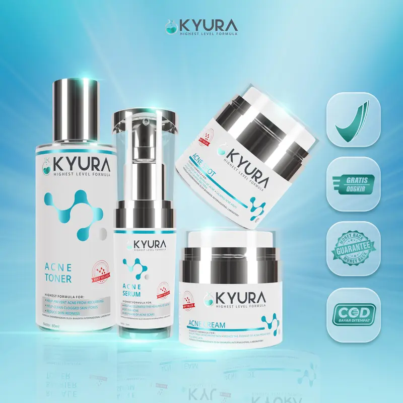 KYURA Acne Bundling 4 Pcs Isi Toner Serum Cream Spot untuk Wajah Acne Prone dan Sensitif dengan Cica Niacinamide Korean Angelica Licorice BPOM 0