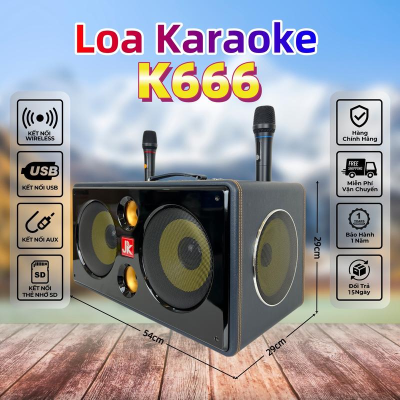 JK-K666 500W Loa Karaoke Di Động Nghe Nhạc Xách Tay Bluetooth 7.5 3 Đường Tiếng - Bass 20cm x 2 Mid 16cm x 2 Treble x 2 UHF 2 Micro không dây Loa ngoài trời Loa gia đình - Bảo Hành 12 Tháng