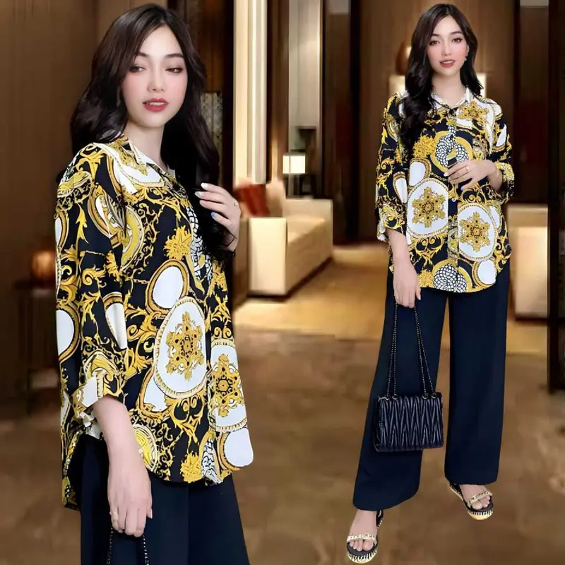 Setelan Wanita Crinkle MELISA LD 120 - Atasan Kemeja Oval Celana Lurus Bahan Crinkle Airflow - Muslim Tunik Kancing Casual Dewasa Motif Nyaman Panjang Baju Katun Standar Variasi Nyaman Panjang 4
