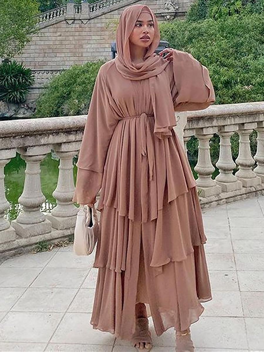 1896#[With hijabs]3 layers Chiffon Lantern Sleeve Abaya - CHAOMENG MUSLIM SHOP