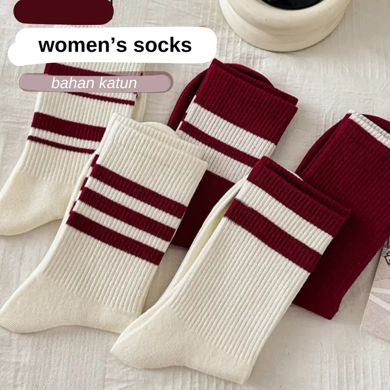 M1130 Kaos Kaki Oldschool Motif Garis 2 & garis 3 wanita panjang warna red merah white putih gaya vintage retro premium Women socks 1