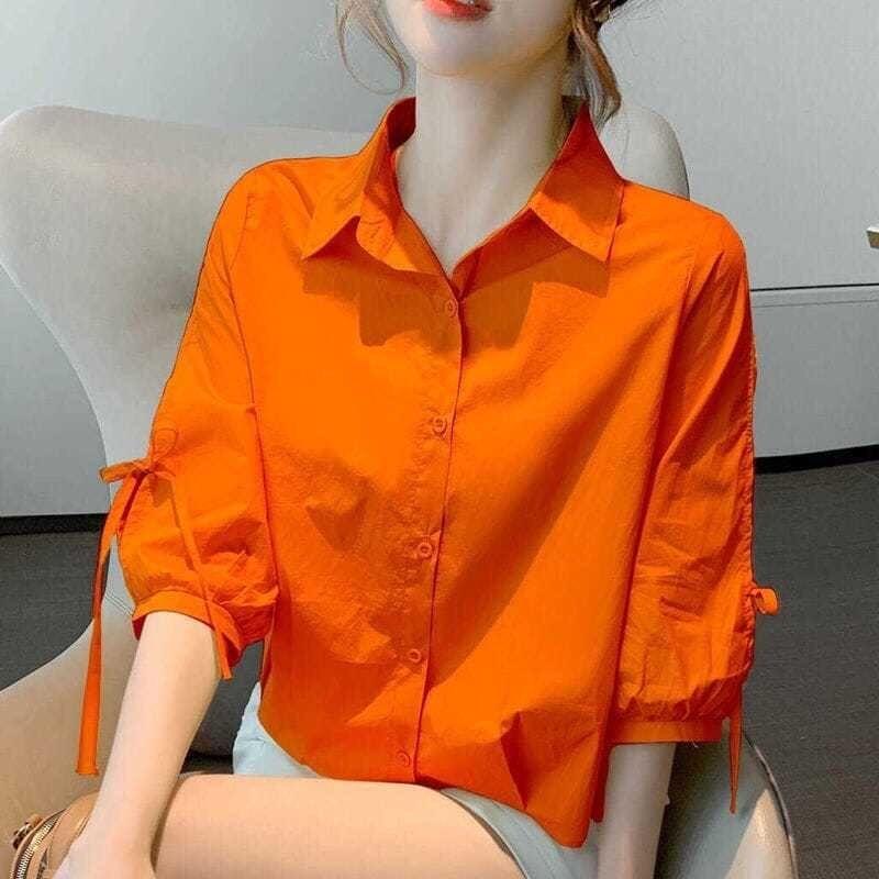 Product Introduction of Women's Chiffon Rheology Hong Kong Style Three-Quarter Sleeve Shirt 2023 New Loose Design Niche Chic Top 7