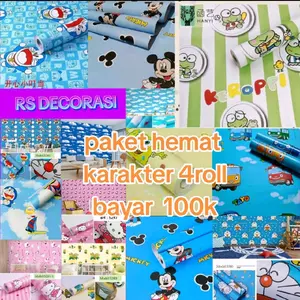 PAKET HEMAT 4 ROLL BAYAR 100 RIBU Wallpaper Stiker Dinding Murah Elegan Cocok Untuk Kamar Anak Kamar Tidur Ruang Tamu Motif Karakter Polos Bunga rumah kayu  pvc tembok wallpaper & dekorasi dinding rainbow 3-4meter -+