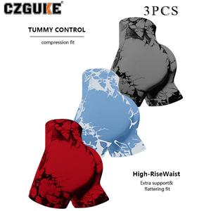 CZGUKE conjunto deportivo de 3 pzas para mujer: pantalones cortos de yoga y running con estampado tie-dye, cintura alta, súper suaves y opacos, aptos para ciclismo y ejercicio