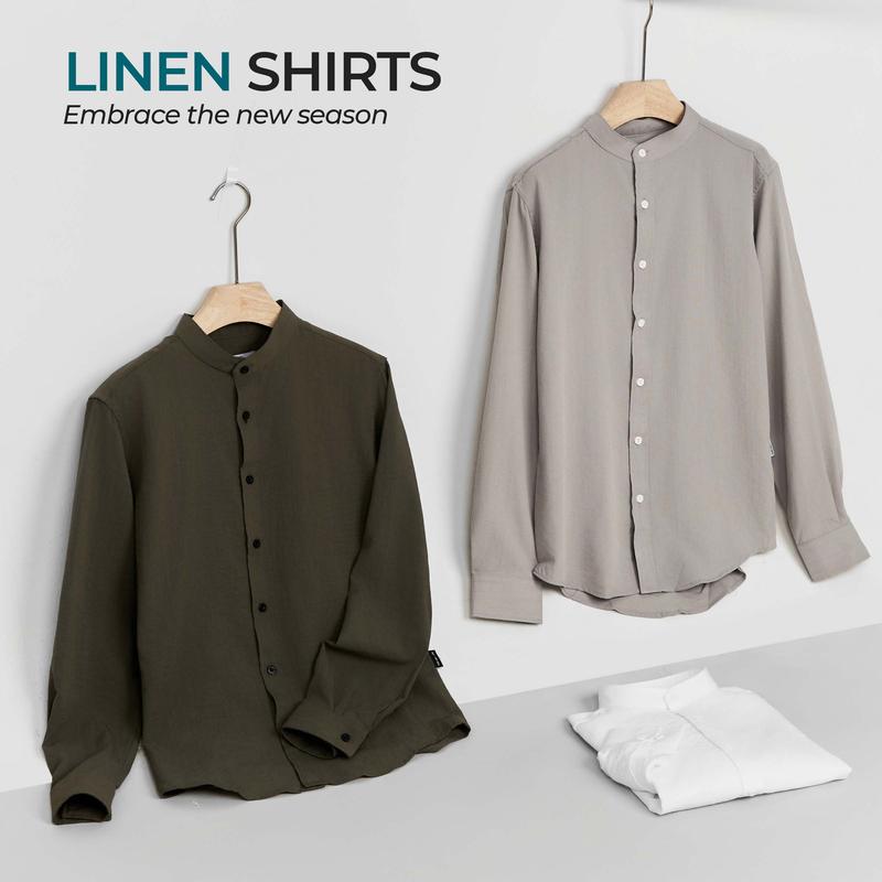 Áo sơ mi nam cổ tàu vải đũi mềm mại, thoáng mát 360 Boutique sơmi cổ trụ đen trắng xanh rêu STDOL419