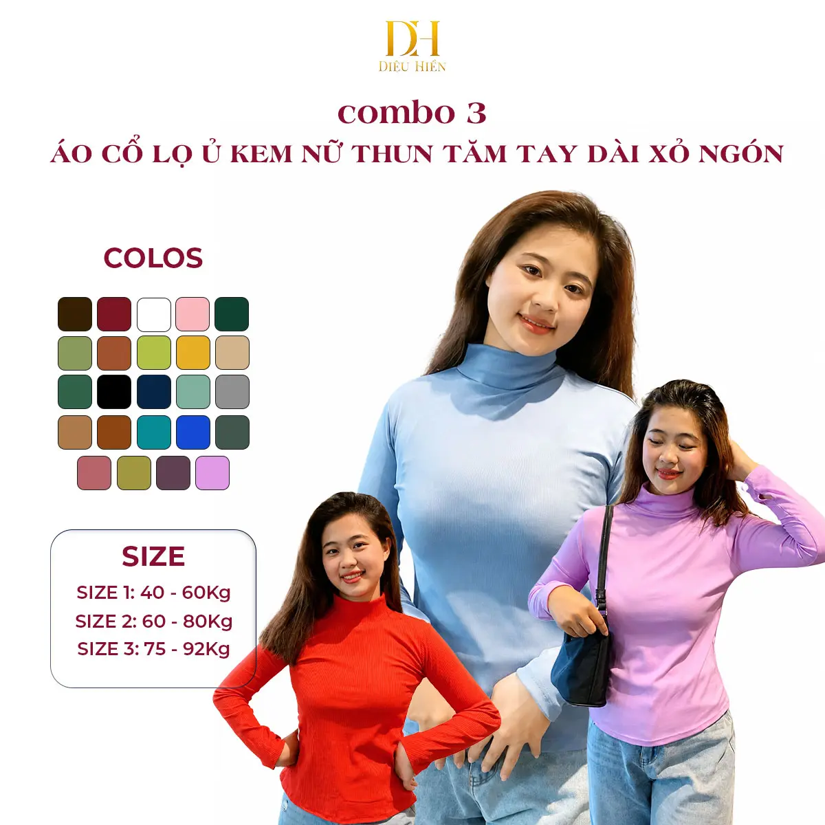 Combo 3 Áo Cổ Lọ Xỏ Ngón Ủ Kem Nữ Thun Tay Dài Đa Dạng Màu Sắc Đủ Size Chất Liệu Thun Mềm Mại