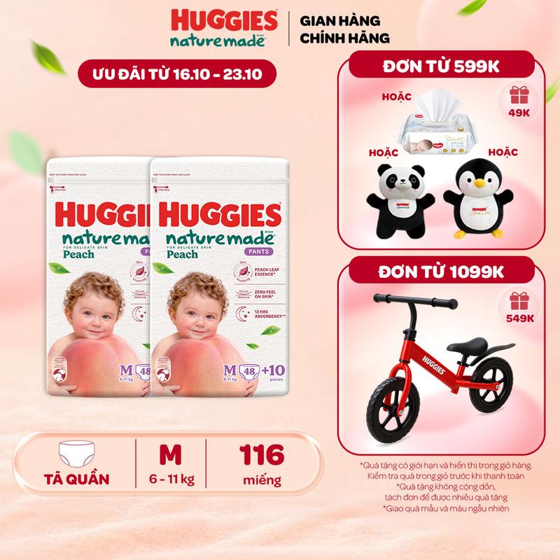 [Mới Ra Mắt] Combo 2 Tã quần Huggies Naturemade Peach M48+10/L44/XL38/XXL26