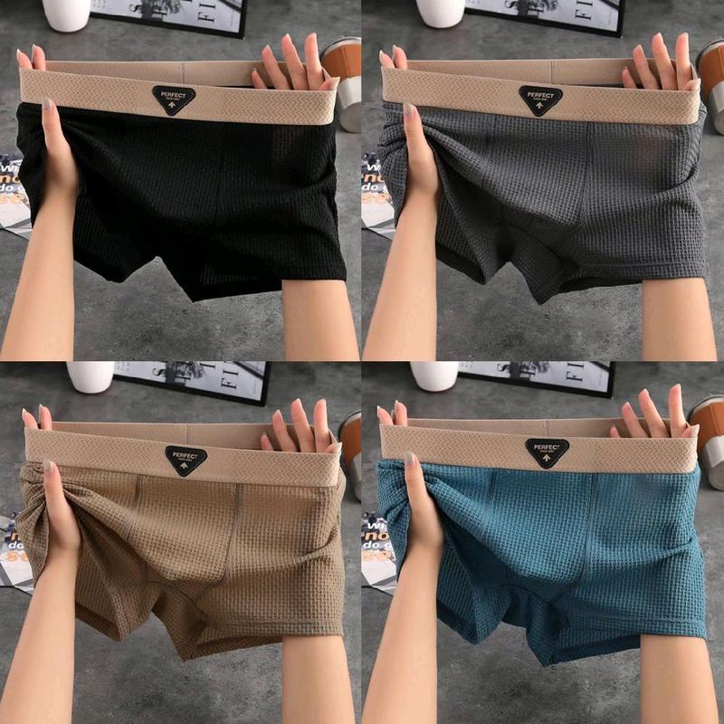 Quần Đùi Boxer Nam, 4 Gói, Làm Bằng Lụa, Đồ Lót Làm Mát, Vải Dệt Tổ Ong Mềm Mại Và Co Giãn, Thoáng Khí, Nhẹ, Vừa Vặn Thoải Mái, Có Dây Thắt Lưng Mới
