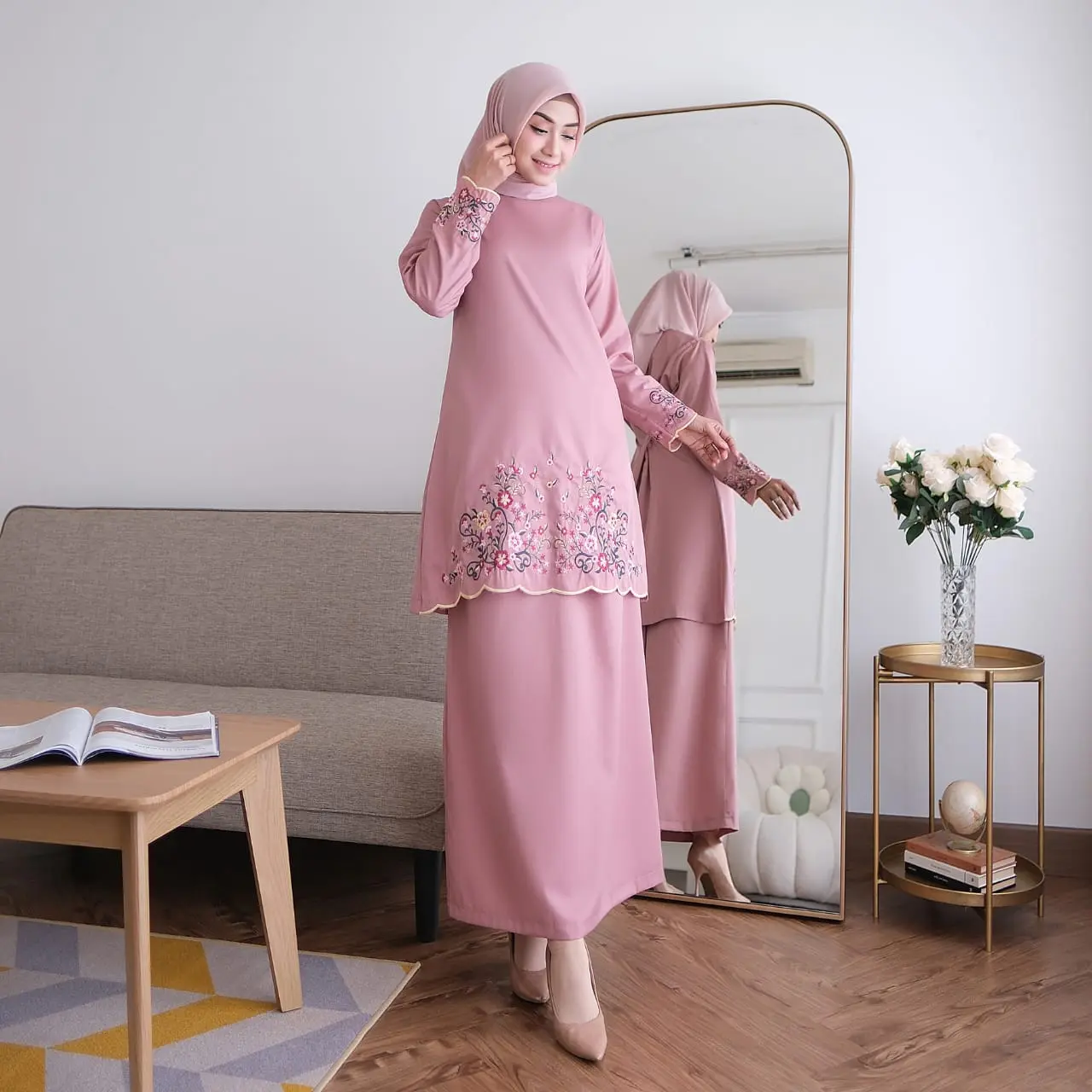 one set kinara kurung melayu katun toyobo bordir bunga fashion muslim wanita terbaru terlaris cod Setelan Dewasa Baju Panjang Ibu