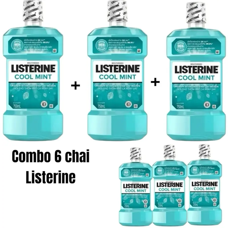 Combo 6 chai nước súc miệng Listerine Thái Lan ( 3 chai 750ml + 3 chai 250ml ) giúp hơi thở thơm mát