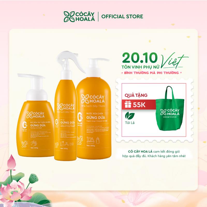 [COMBO NHÀ SẠCH BẾP THƠM] Combo Bọt rửa tay thiên nhiên Gừng dứa 250g, Nước rửa chén Gừng dứa 500g, Xịt lau bàn ăn, tủ lạnh Gừng dứa 300g Cỏ Cây Hoa Lá