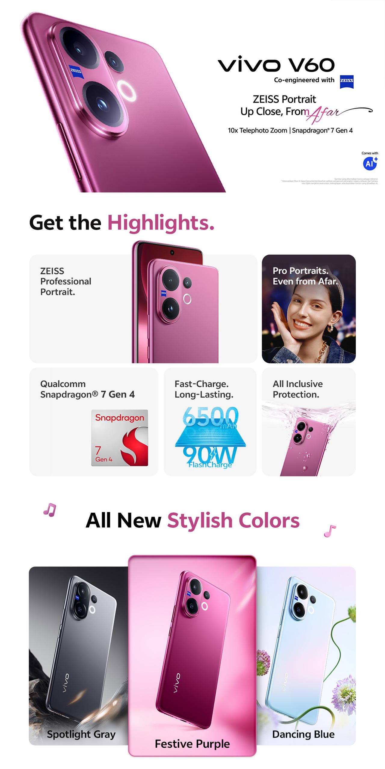 [NEW LAUNCH] vivo V60 5G 10x Zoom Telephoto, ZEISS Multifocal Potrait, Snapdragon 7 Gen 4, IP68+IP69, vivo AI