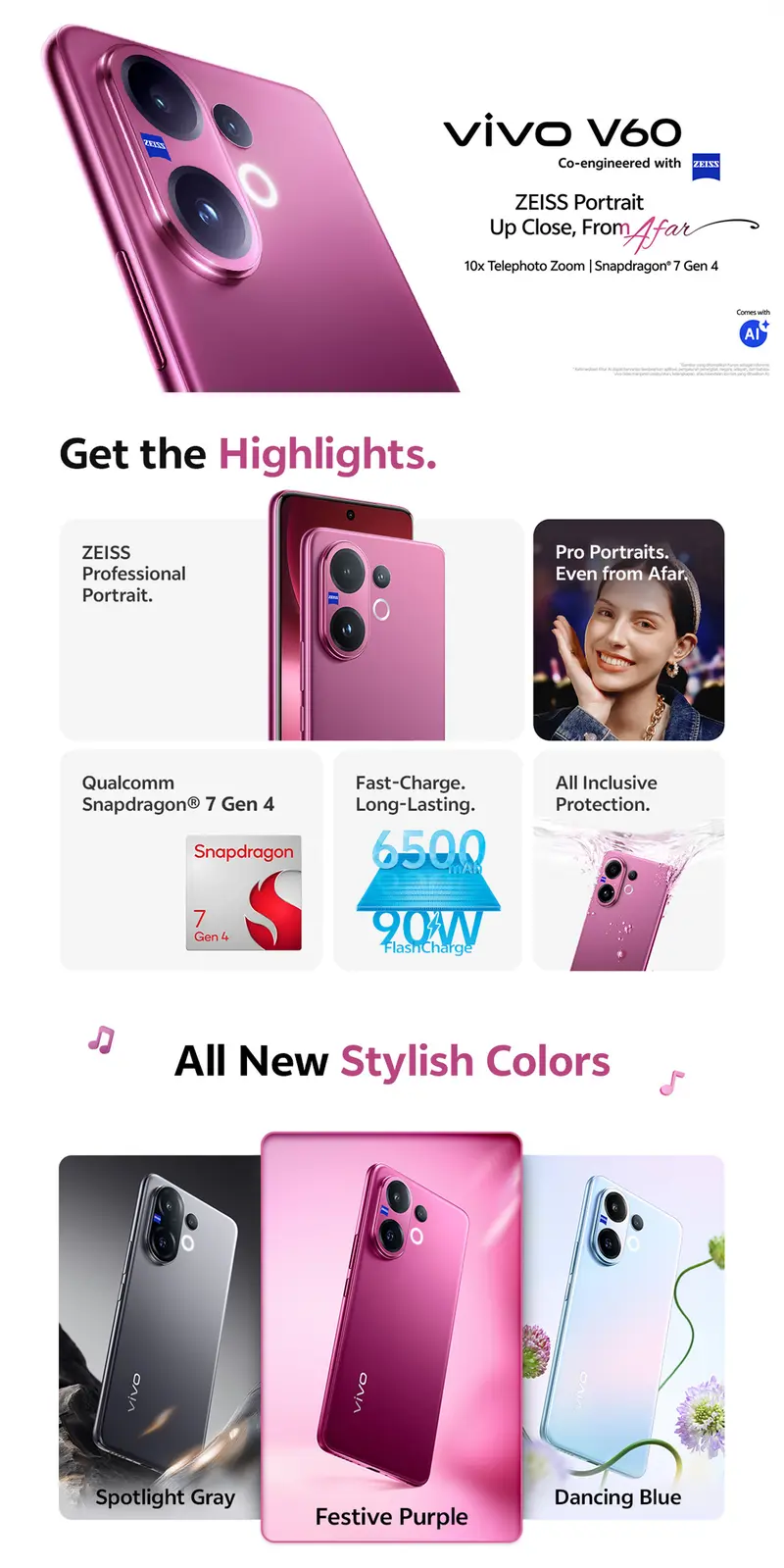 [NEW LAUNCH] vivo V60 5G 10x Zoom Telephoto, ZEISS Multifocal Potrait, Snapdragon 7 Gen 4, IP68+IP69, vivo AI