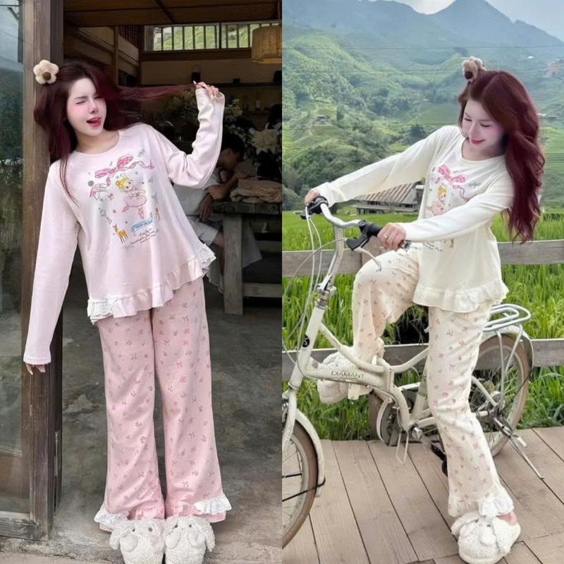 Set đồ nữ tiểu thư tk thun tăm lạnh áo tay dài phối viền kèm quần dài ống rộng bèo dễ thương xinh xắn cho nàng đi chơi đi dạo phố chất liệu mềm mại thoáng mát phù hợp mọi hoạt động