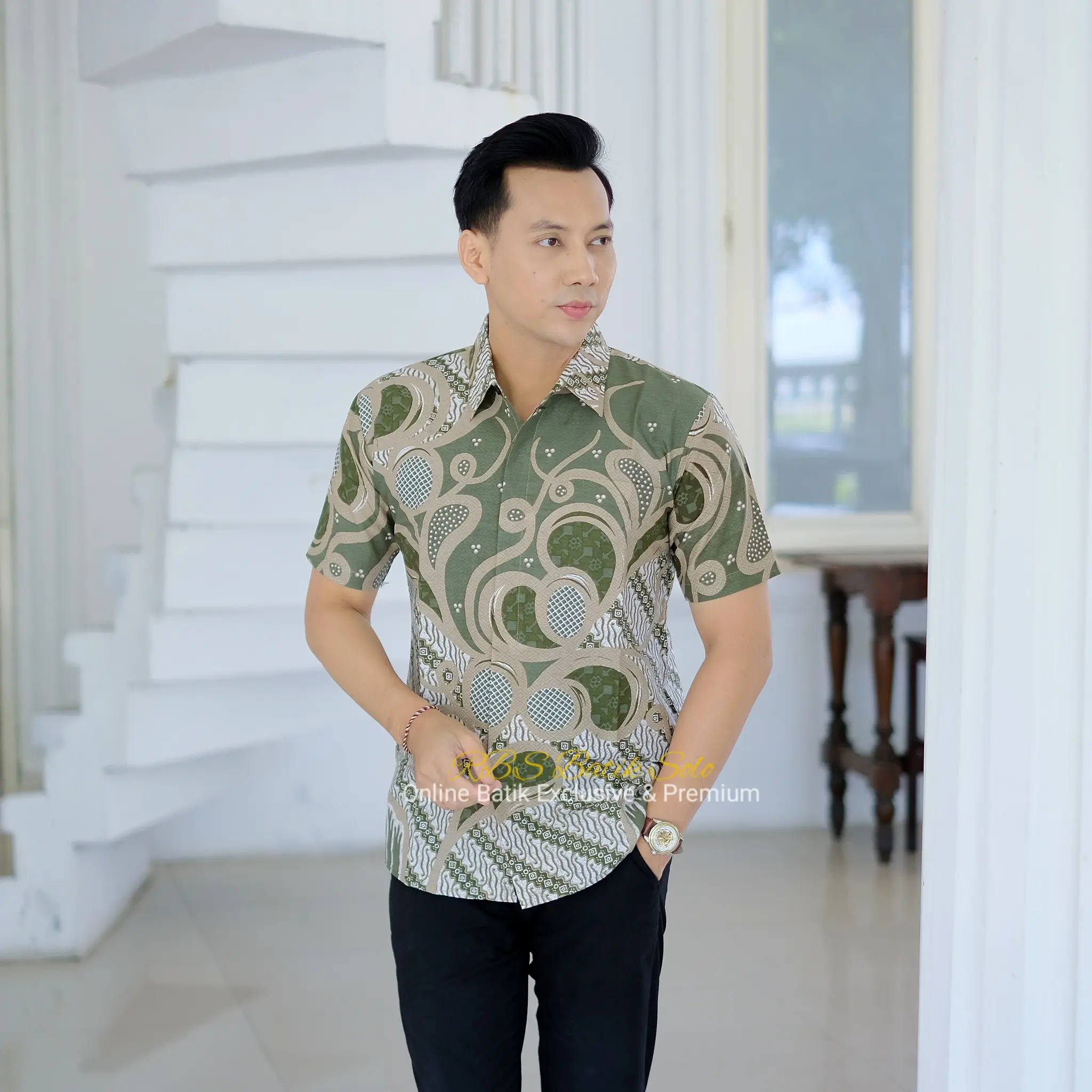 SAGE IJO - Atasan kemeja SLIMFIT batik lokal lengan pendek warna HIJAU katun halus lapis furing nyaman Baju Motif Pria Panjang Formal Hem Ungu