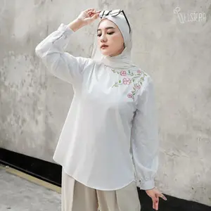 ￼Elsiera Meera Tops Atasan Wanita Bordir Bunga Lengan Balon - White