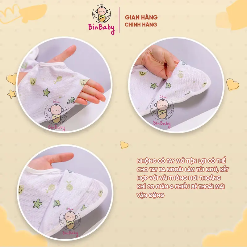 Nhộng chũn mở tay Binbaby cho bé – Vải thoáng khí co giãn 4 chiều – Giúp bé ngủ ngon, giảm giật mình 4
