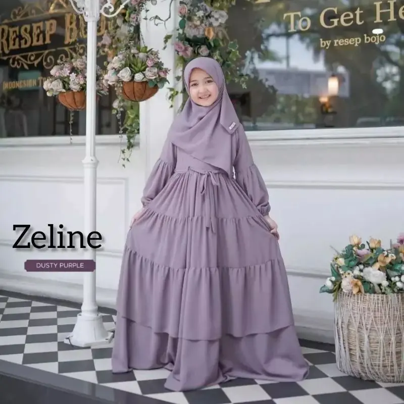 gamis anak terbaru 2025  perempuan untuk usia 11-14 tahun kids set dress plus pasmina zeline 5