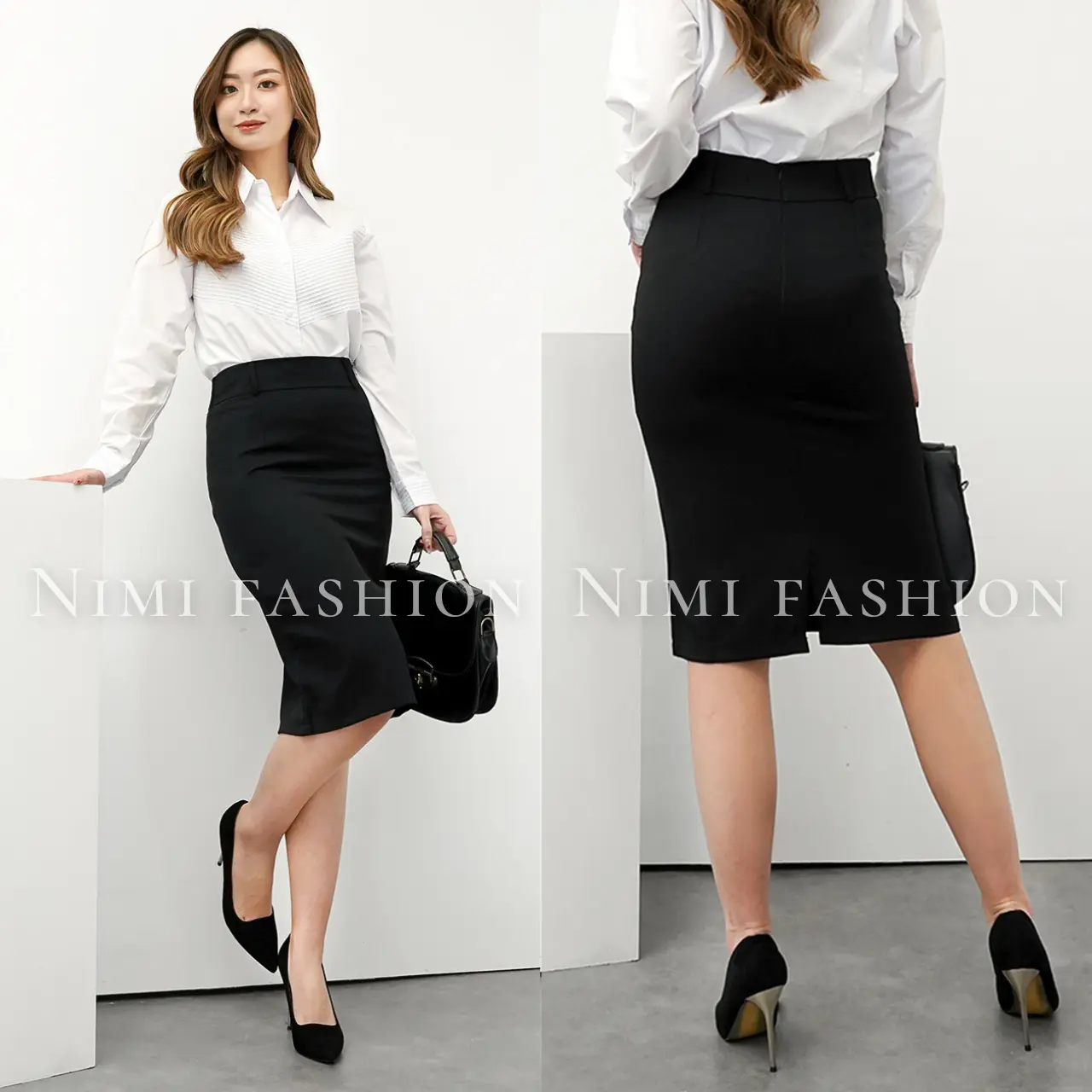 NIMI - Rok Kerja Pendek Wanita Span 3/4 Bahan Formal Kantor Rok Pendek Rok Span Kantoran Hitam
