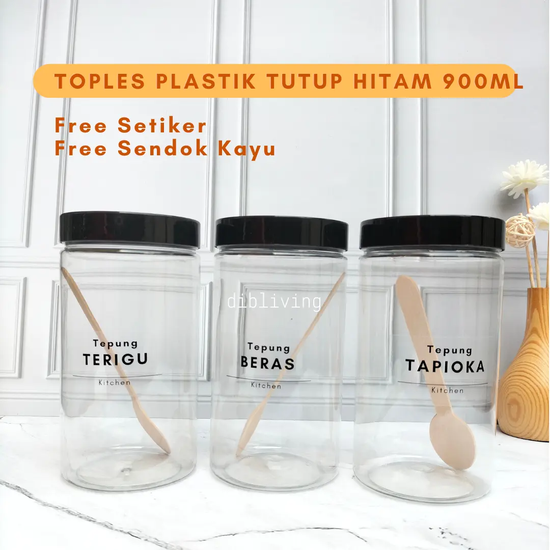 DIBLIVING. TOPLES TEMPAT BUMBU DAPUR 900ML | FREE SETIKER & SENDOK | TEMPAT PENYIMPANAN TEPUNG GULA KOPI TEH | TOPLES TUTUP PINK | HITAM | PUTIH | TRANSPARAN BENING | TOPLES BPA FREE | WADAH BUMBU DAPUR SET AESTHETIC