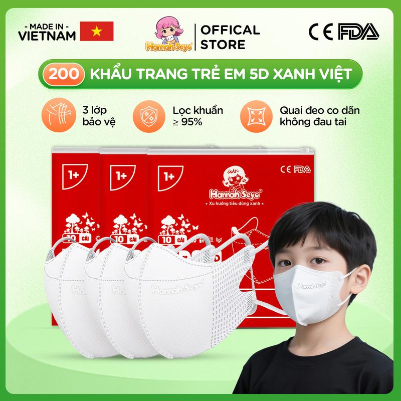 [Thùng 200c 5D KID] Khẩu trang 5D trẻ em XANH VIỆT cho bé từ 1 - 12 tuổi loại 5D chống tia UV, chống nắng, bụi mịn 3 lớp Hannah seyo