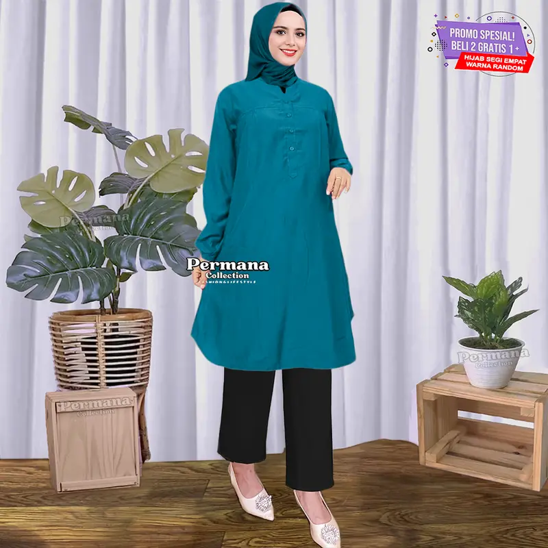 Baju Tunik Atasan Wanita Jumbo Size Lengan Panjang Dewasa Kantong Muslim Rayon Katun Nyaman Remaja Oversize kemeja Kancing 5