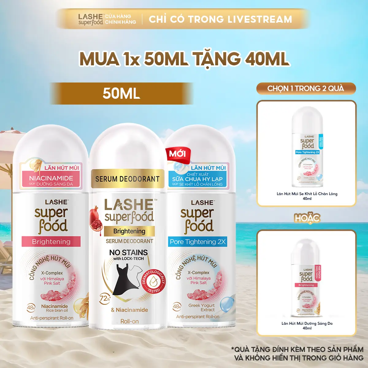 Lăn Hút Mùi LASHE SUPERFOOD 50ML + Tặng Lăn Hút Mùi Dưỡng Sáng Da/Se Khít Lỗ Chân Lông 40ML [L]