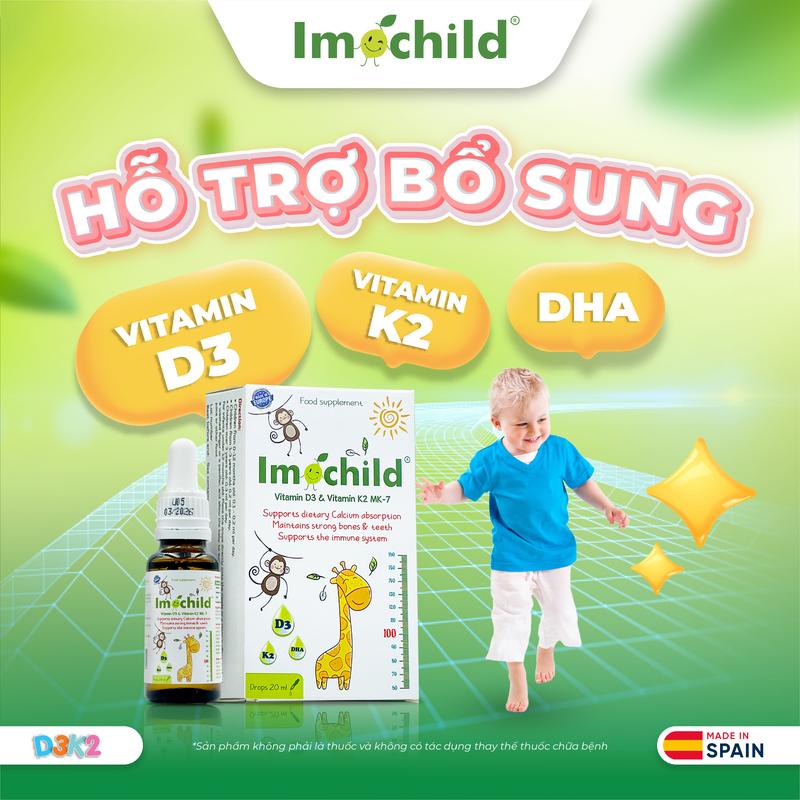 IMOCHILD Vitamin D3K2 MK-7 DHA Imochild - Hỗ Trợ Bổ Sung Vitamin D3 + Vitamin K2 + DHA Hỗ Trợ Bé Hấp Thu Canxi Phát Triển Chiều Cao Và Trí Não - Hộp 20ml