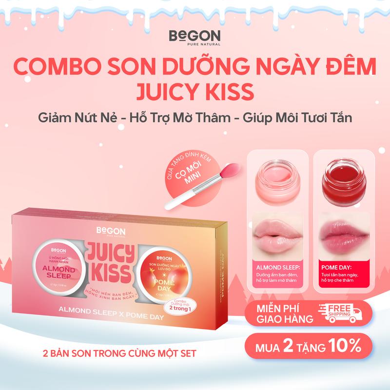 Combo Son Dưỡng Ngày Đêm 2in1 Juicy Kiss Son Hạnh Nhân 5g x Son Lựu Đỏ 5g Hỗ Trợ Dưỡng Ẩm Làm Hồng Môi & Che Thâm | BEGON