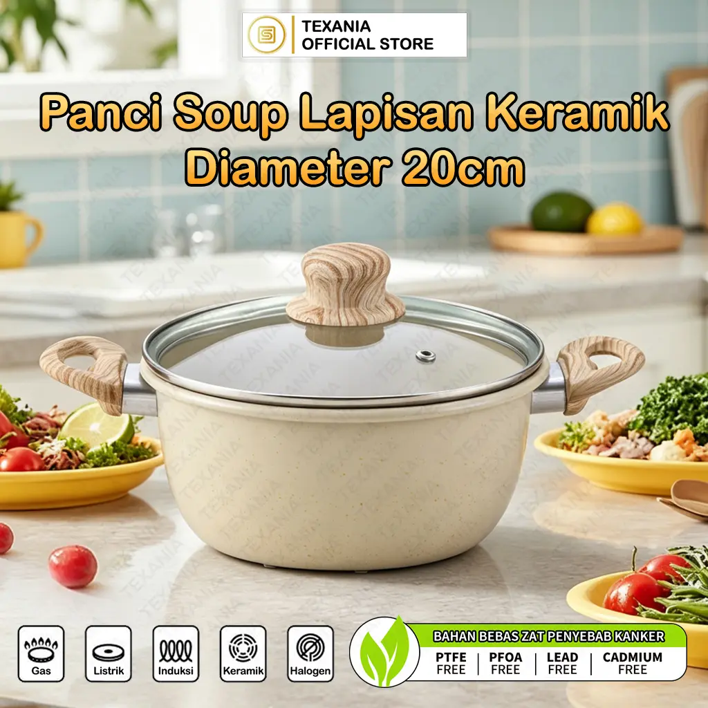 [NAD PROMO BULAN INI] PO 30 HARI TEXANIA Panci Soup Coating Ceramic Anti Lengket Tutup Kaca Diameter 20cm - Kitcenware