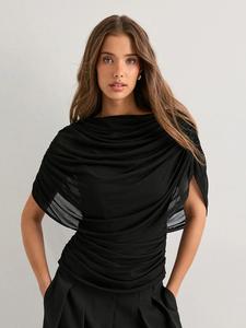 Top de Malla Transparente con Diseño Drapeado y Fruncido, Estilo Urbano, Perfecto para Uso Diario o al Aire Libre, Artículo Versátil y Elegante
