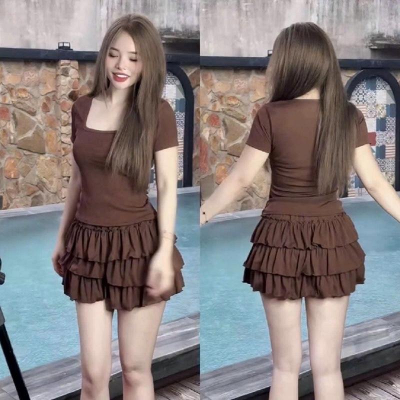 [B69] Sét bộ nữ chân váy tầng kèm áo cổ vuông tay ngắn size dưới 55kg  Phong Cách Trẻ Trung Năng Động
