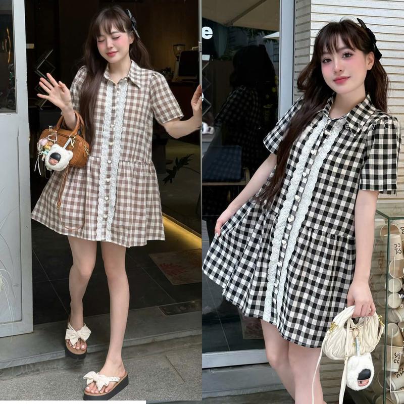   Xả Kho Váy BabyDoll Cổ Sơ Mi Cúc Tim  Đuôi Xoè Chất Thô Mềm Phong Cách Nhẹ Nhàng Thanh Lịch Top Women Trend By TH Tay Ngắn Dễ Thương 