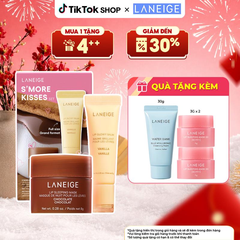  Set Laneige S'More Kisses Mặt Nạ Ngủ Lip Sleeping Mask 8g Hương Chocolate Và Son Dưỡng Môi LANEIGE Lip Glowy Balm 10g Hương Vanilla 