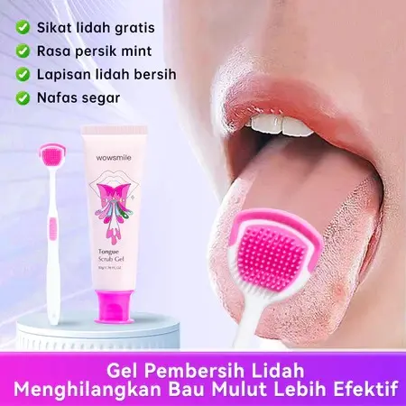 Wowsmile Gel Pembersih Lidah - Gratis Sikat Lidah - Rasa Peach Mint - Menghilangkan Bau Mulut - Membersihkan Lidah - Nafas Segar