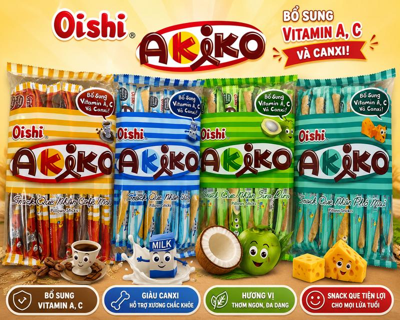 Combo tiết kiệm 4 gói Snack nhân kem Akiko Oishi đủ vị