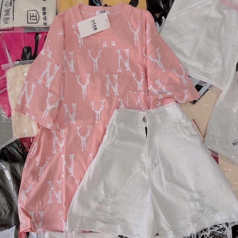  Set bộ áo thun in full mix quần jean đùi rách 