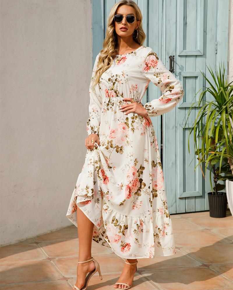 Product Introduction of Cross-Border Foreign Trade Spring and Autumn Floral Chiffon Dress Waist-Controlled Slimming Long Sleeve round-Neck Long Printed Dress Women's 10