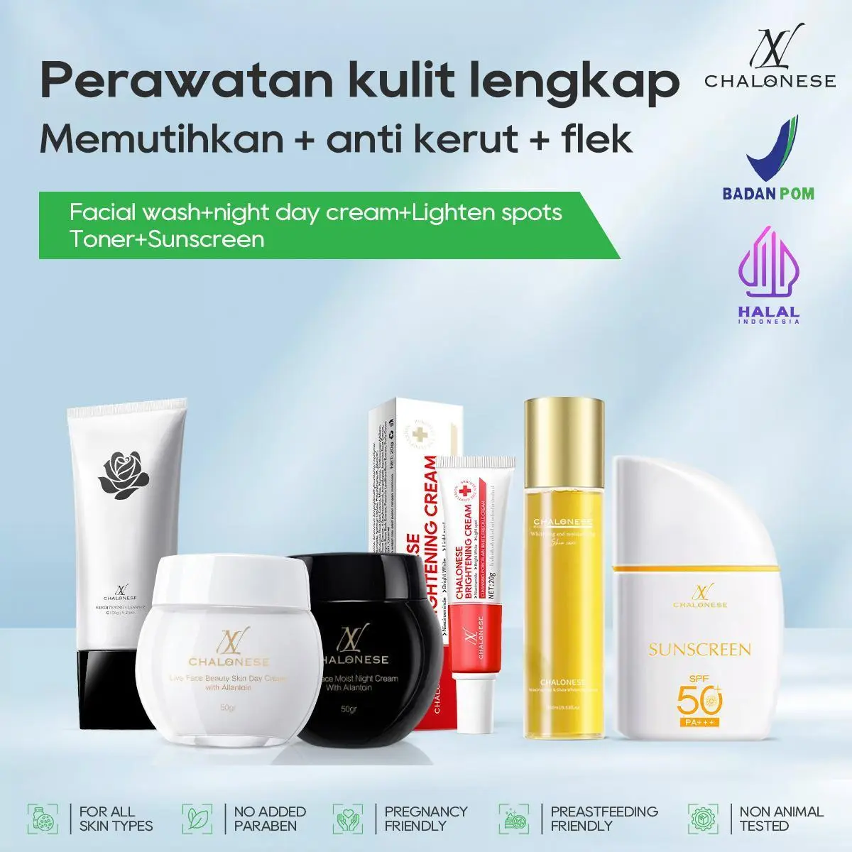 NEW!! CHALONESE PAKET LENGKAP 6-IN-1  MELEMBABKAN, MEMUTIHKAN MENCERAHKAN NODA DAN ANTI KERUT (1SET MOISTURIZER+1 BRIGHTENNING+1SUNSCREEN+1FACIALWASH +1TONER) Pencerah Hitam Wajah Aging Kerutan Perawatan