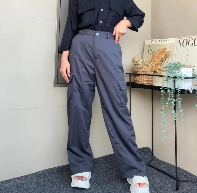 Celana Kargo Wanita Katun Twill Stretch Jumbo Big Size - Hitam Combed Kain Karet Panjang Standar Tebal Kerja Basic Kancing Kantor Oversize Baggy Linen Fit Melar Nyaman 2