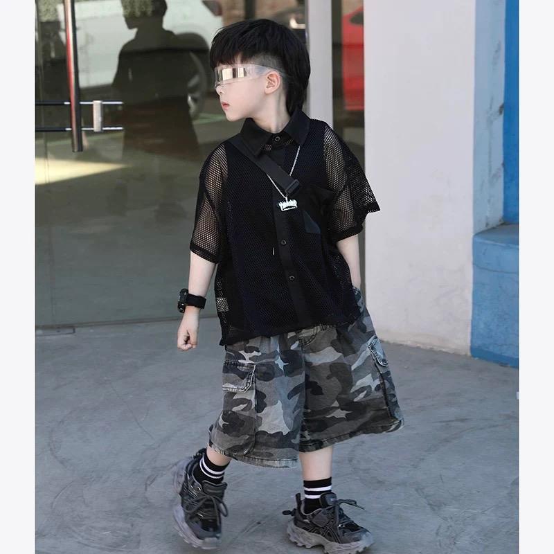   Ankids  Vòng  Set sơmi lưới 3 chi tiết: áo smi lưới cá tính áo ba lỗ quần kaki rằn ri túi hộp 12-28kg 